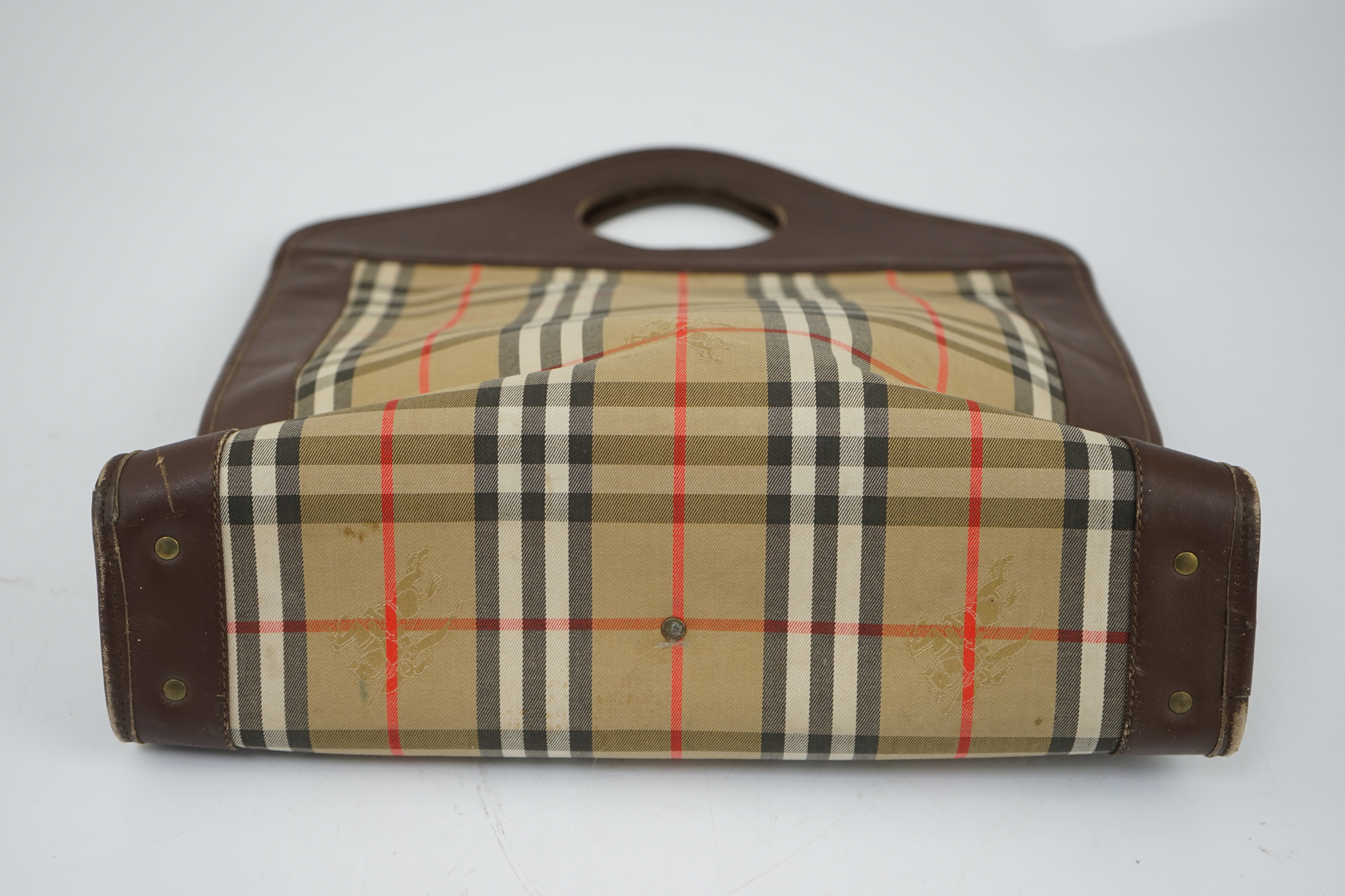 A vintage Burberry brown plaid canvas and leather tote bag, 40 x 37cm